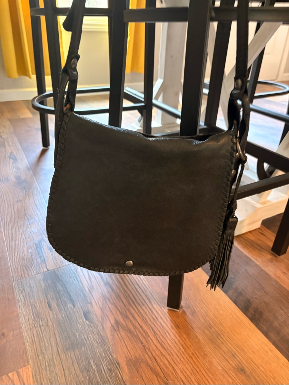 Patricia Nash Black Leather Whipstitch Crossbody with Tassel